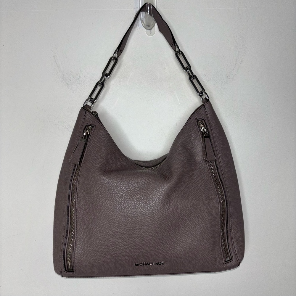 Michael Kors Pebble Leather Matilda Shoulder Bag Gray Taupe Silver-tone